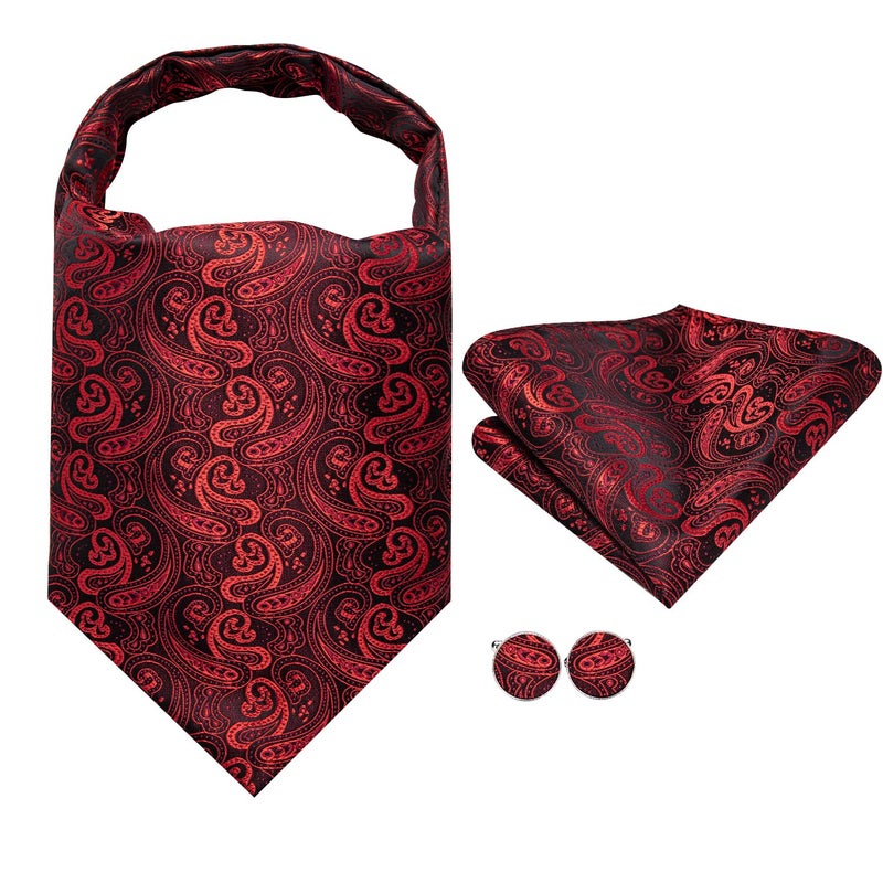 Dubulle Dark Red Ascot Paisley Floral for Men Mens Self Tie Cravat and Pocket Square Cufflinks Wedding Suit Business - Image 4
